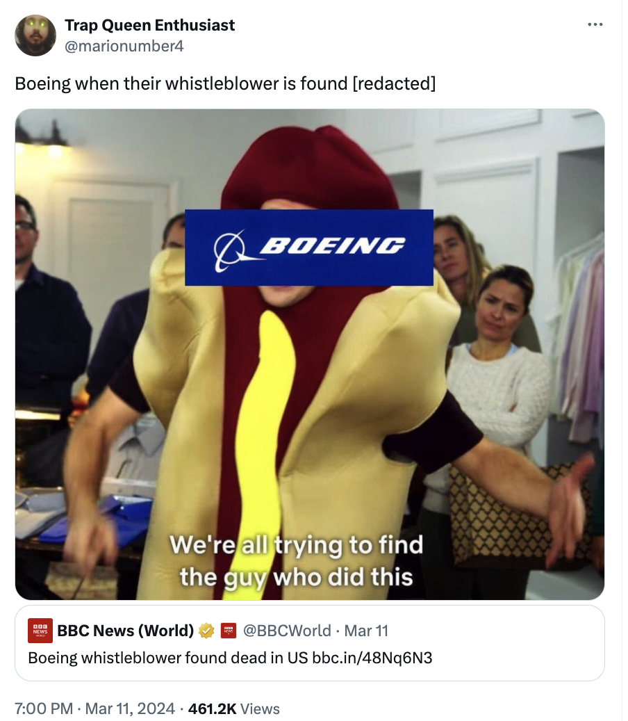 screenshot - Trap Queen Enthusiast Boeing when their whistleblower is found redacted Boeing We're all trying to find the guy who did this Bbc News World Mar 11 Boeing whistleblower found dead in Us bbc.in48Nq6N3 Views